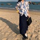 Elbow-sleeve Floral Print Shirt / Denim Midi Skirt