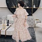 Layered Dotted Print Ruffled Cocktail Dress