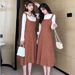 Mock Two-piece Balloon-sleeve Midi Knit Dress
