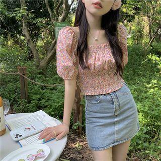 Square-neck Floral Cropped Blouse Pink - One Size