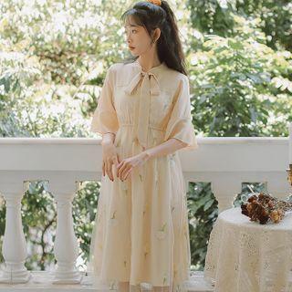 Floral Embroidered Bell-sleeve Midi A-line Dress