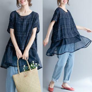 Short-sleeve Sheer Panel Plaid Top