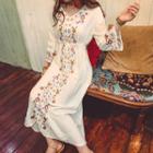 Flower Embroidered 3/4-sleeve Maxi Shift Dress