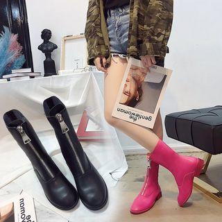 Faux Leather Round Toe Front Zipper Low Heel Mid-calf Boots