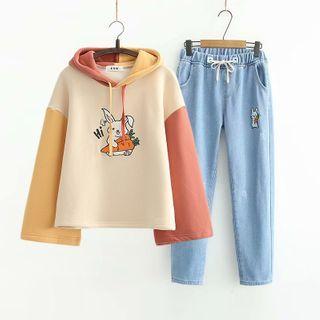 Rabbit Print Hoodie / Straight-leg Jeans / Set