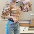 Puff Sleeve Square-neck Plaid Cropped Top