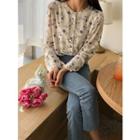 Collarless Faux-pearl Button Floral Blouse