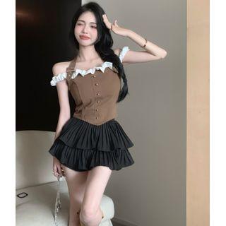 Ruffled Slim-fit Halter Top / Layered High-waist Mini Skirt