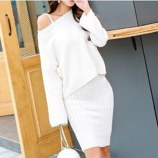 Set: Plain Sweater + Knitted Sleeveless Bodycon Dress