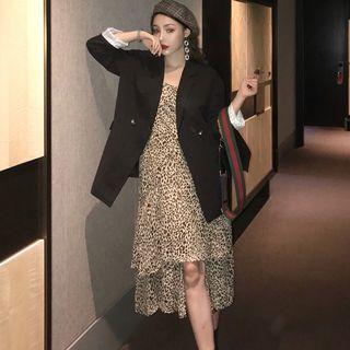 Double Breasted Blazer / Spaghetti Strap Leopard Print Dress