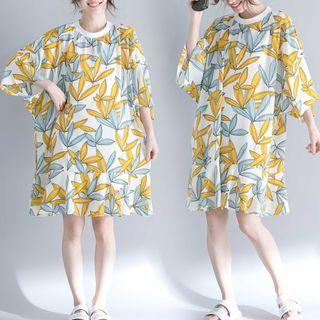 3/4-sleeve Leaf Print Dress