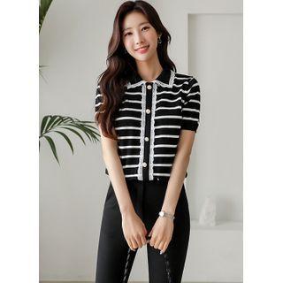 Collared Lace-trim Faux-pearl Knit Top