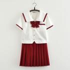 Set: Short-sleeve Sailor Collar Blouse + Pleated Mini Skirt