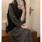 Long-sleeve Floral Loose Fit Dress / V-neck Plain Knit Vest