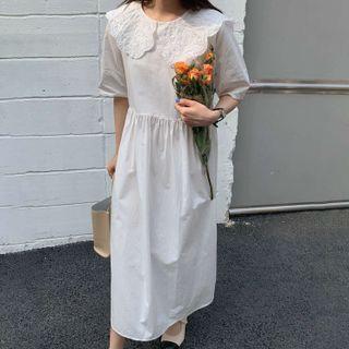Short-sleeve Lace Collar Midi A-line Dress White - One Size