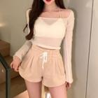 Long-sleeve Sheer Fitted Top / Camisole / Sweatshorts