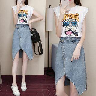 Set: Sleeveless Print T-shirt + Denim Skirt