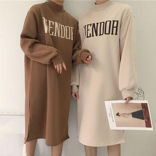 Lettering Mock Neck Long-sleeve Knitted Midi Dress