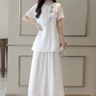 Set: Flower Embroidered Short Sleeve Cheongsam Top + Culottes