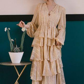 Long-sleeve Ruffled Patterned Maxi Tiered Dress