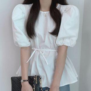 Plain Puff Elbow-sleeve Top