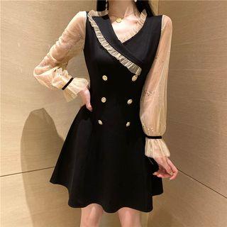 Bell-sleeve Frill Trim Sheer Panel Slim Fit Dress