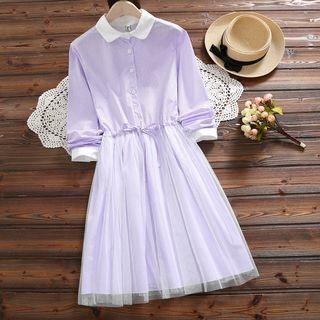 Long-sleeve Mesh Paneled Striped A-line Midi Dress