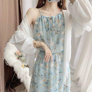 Halter-neck Floral Print A-line Dress / Puff-sleeve Jacket