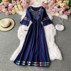 V-neck Embroidered Flare Long-sleeve Midi A-line Dress
