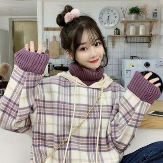 Mock Two-piece Plaid Hoodie Plaid - Purple - One Size