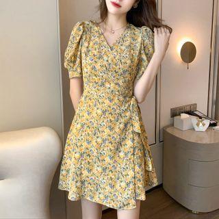 Short-sleeve Floral Print Mini A-line Skirt