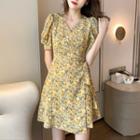 Short-sleeve Floral Print Mini A-line Skirt