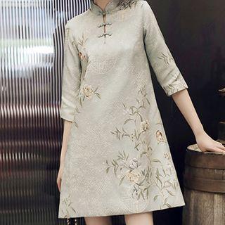 Flower Print Elbow-sleeve Shift Qipao
