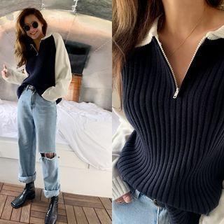 Collared Two-tone Zip-up Knit Top Navy Blue - One Size