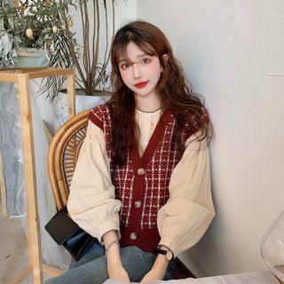 V-neck Lattice Knit Vest / Round-neck Plain Long-sleeve Top