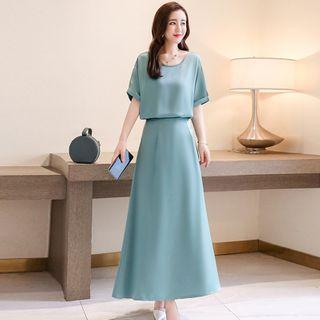 Set: Tie-neck Short-sleeve Blouse + Maxi A-line Skirt