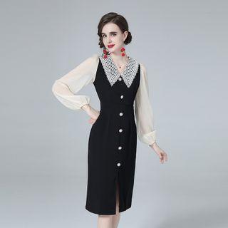 Long-sleeve Lace Panel Button-up Sheath Dress