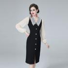 Long-sleeve Lace Panel Button-up Sheath Dress