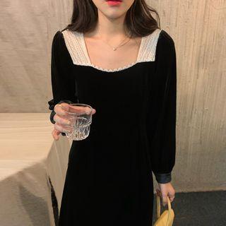 Long-sleeve Lace Panel Square-neck Midi Dress