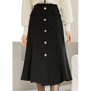 Metallic-button Midi Flare Skirt