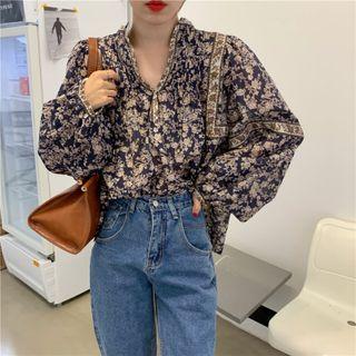 V-neck Floral Puff-sleeve Long-sleeve Top As Shown In Figure - One Size