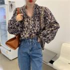 V-neck Floral Puff-sleeve Long-sleeve Top As Shown In Figure - One Size