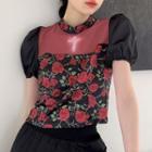 Short-sleeve Floral Print Blouse Red Rose - Black - One Size