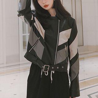 Color Block Faux Leather Zip-up Jacket