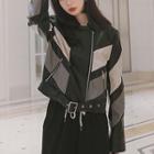 Color Block Faux Leather Zip-up Jacket