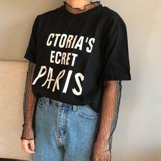 Mock Two-piece Long-sleeve Lettering Top