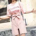 Set: Lettering Short-sleeve T-shirt + Pocket Detail A-line Skirt
