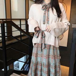 Color-block Check Pleated Dress / Plain Knit Top