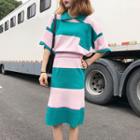 Set: Elbow-sleeve Striped Knit Polo Shirt + Striped Knit Skirt