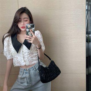 Puff-sleeve Lace Wide-collar Buttoned Crop Top